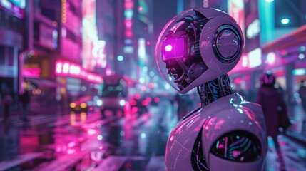 Fototapeta premium A robot with a pink head stands in front of a city street