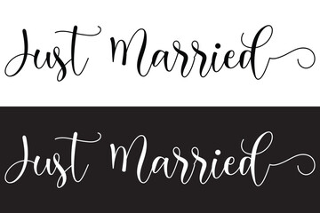 Just Married hand lettering phrase. Vector brush calligraphy text design isolated on white background.  Modern handmade calligraphy. Hand drawn lettering element for your design in eps 10.