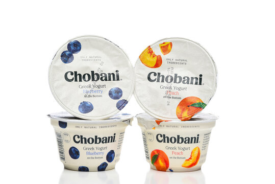 IRVINE, CALIFORNIA - 19 JULY 2024: Chobani Greek Yogurt packages, Blueberry and Peach flavor.
