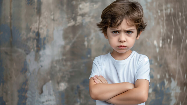 Young boy is frowning and crossing his arms, expressing frustration and defiance