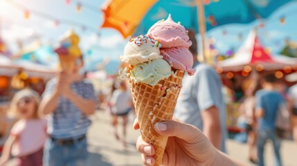 Close-Up of Multicolored Ice Cream Cone at a Carnival.