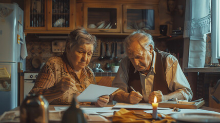 A concentrated and concerned European senior couple, likely grandparents, engaged in doing paperwork. They are paying domestic bills, managing rentals, receiving pensions, and calculating funds