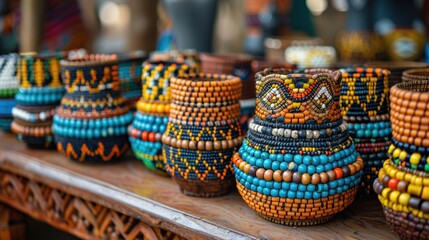 Fototapeta premium Colorful Handmade Beaded Pots Displayed at a Traditional Market, Showcasing African Craftsmanship, Cultural Heritage, and Artistic Designs
