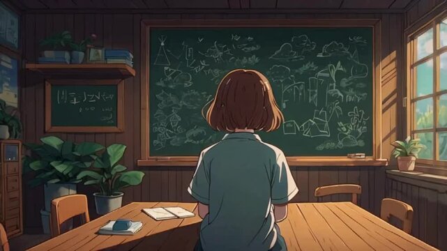 Anime Girl Looking at Chalkboard with Drawings in Empty Classroom