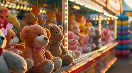 Colorful Plush Teddy Bears at Carnival Game Booth.
