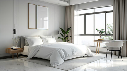 A sophisticated white modern bedroom, featuring a photo frame on the headboard, the bed placed centrally, with an uncluttered desk and chairs adjacent to a window letting in soft daylight.