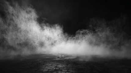 Smoke black ground fog cloud floor mist background steam dust dark white horror overlay. Ground smoke haze night black water atmosphere 3d magic
