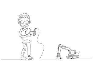 Continuous one line drawing of boy playing excavator toy by holding remote control. Single line drawing illustration of boy playing excavator toy. Remote control toy concept line art. Editable outline