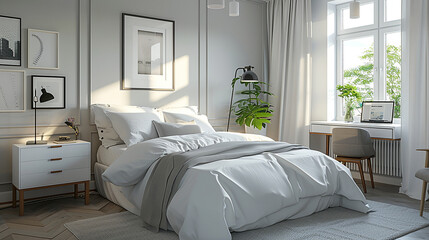 A sophisticated white modern bedroom, featuring a photo frame on the headboard, the bed placed centrally, with an uncluttered desk and chairs adjacent to a window letting in soft daylight.
