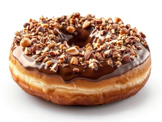 Delicious chocolate-covered donut topped with crunchy nuts, perfect for breakfast or snack, isolated on white background.