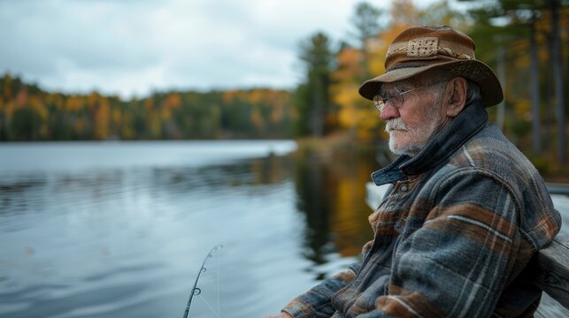 A senior man fishing off a wooden pier, his fishing rod poised and his eyes focused on the water. The calm lake setting and his patient demeanor illustrate the peaceful and reflective nature of this