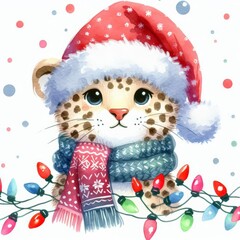 A cute leopard cub wearing a Santa hat and scarf, surrounded by Christmas lights.