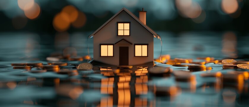A miniature house stands on a reflective surface surrounded by scattered coins, symbolizing financial stability and investment in real estate