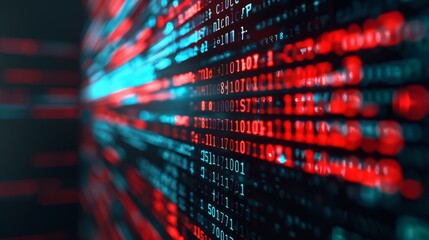 Blurred lines of binary code in red and blue, representing digital data, streaming across a dark background