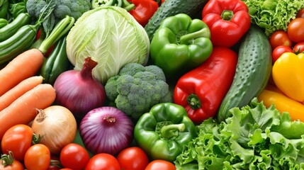 A colorful assortment of vegetables including broccoli, peppers, onions