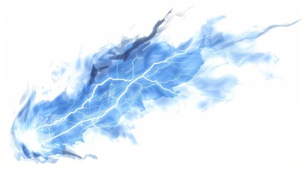 Dynamic lightning bolt frozen in mid-strike isolated on a white background. Weather phenomena isolated on white. Photo realistic photo.
