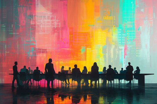 R&eacute;union entre dirigeants, administrateurs ou managers : silhouettes de cadres en costume dans une grande entreprise : peinture minimaliste g&eacute;om&eacute;trique color&eacute;e pour entreprise de services, conseil