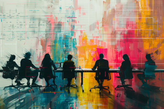 R&eacute;union entre dirigeants, administrateurs ou managers : silhouettes de cadres en costume dans une grande entreprise : peinture minimaliste g&eacute;om&eacute;trique color&eacute;e pour entreprise de services, conseil