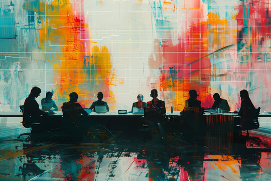 R&eacute;union entre dirigeants, administrateurs ou managers : silhouettes de cadres en costume dans une grande entreprise : peinture minimaliste g&eacute;om&eacute;trique color&eacute;e pour entreprise de services, conseil