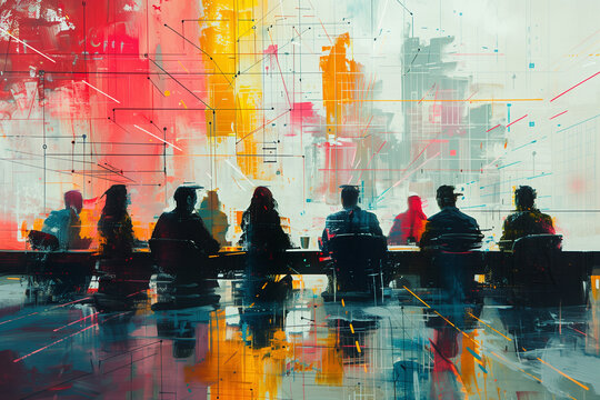 R&eacute;union entre dirigeants, administrateurs ou managers : silhouettes de cadres en costume dans une grande entreprise : peinture minimaliste g&eacute;om&eacute;trique color&eacute;e pour entreprise de services, conseil