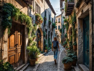 Obraz premium Urban Adventure: Traveler Wandering Through a Historic Cities Charming Backstreets. generative AI