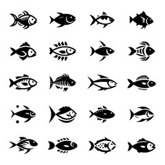 A set of fish designs in black and white