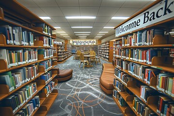 A school library with rows of bookshelves, a cozy reading corner, and a "Welcome Back" banner hanging from the ceiling