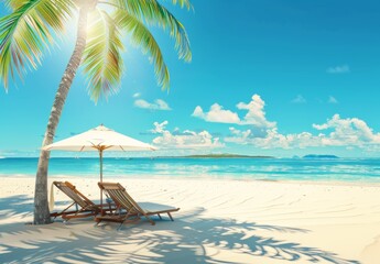 Fototapeta premium beautiful beach with palm trees and chairs, blue sky, sun shining on the white sand