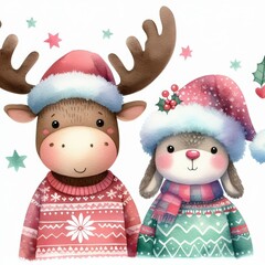 A cute reindeer and bunny wearing Christmas sweaters and hats.  Perfect for holiday cards or winter designs.