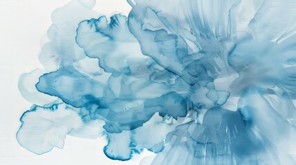 Obraz premium Abstract blue ink splashes on white background. Closeup of a blue ink abstract art design with a white background. Soft, hazy, and light blue abstract shapes spread out across the surface.