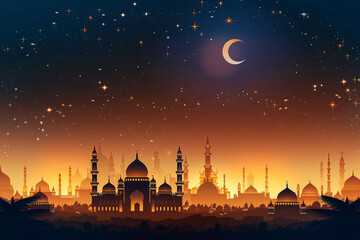 Illustration of Ramadan Kareem greeting with Islamic city, mosque, crescent moon and stars on dark blue twilight sky. Suitable for Ramadan and Eid celebrations.