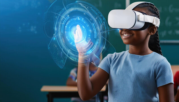 Black school student with VR headset using AI artificial intelligence technology & machine learning. Interactive technology in classroom . Innovation & smart tech. AI blue hologram in education