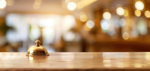Elegant reception bell on a wooden counter with a blurred warm background, perfect for hospitality and service themes.