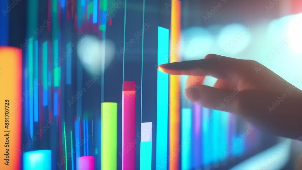 Poster Close-up of a hand interacting with a digital screen displaying colorful bar charts. Concept of data visualization, technology, and business analytics 