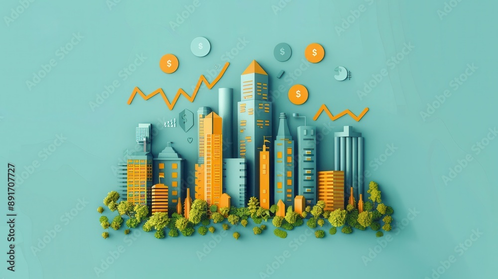 Wall mural a cityscape with buildings and trees, with a dollar sign on top of a building