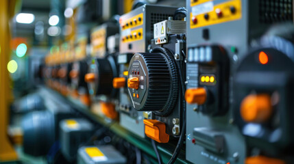 Naklejka premium Close-up view of an industrial control panel with orange switches and dials in a factory setting.