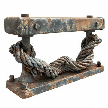 Close-up of an old rusty bollard with thick ropes tied around it. Weathered and industrial maritime equipment.