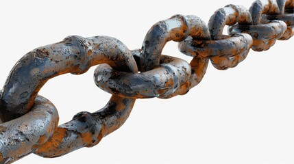 Fototapeta premium Close-up image of a heavy, rusty iron chain against a white background, showcasing texture and weathering details.