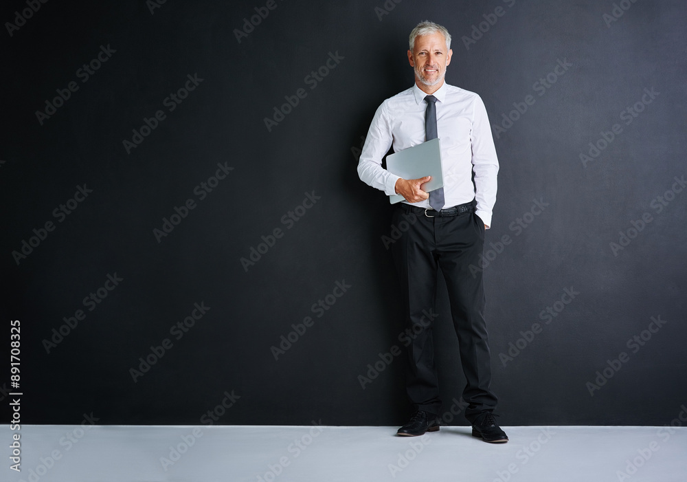 Wall mural business man, laptop and studio for smile by space, portrait and mock up by black background. mature