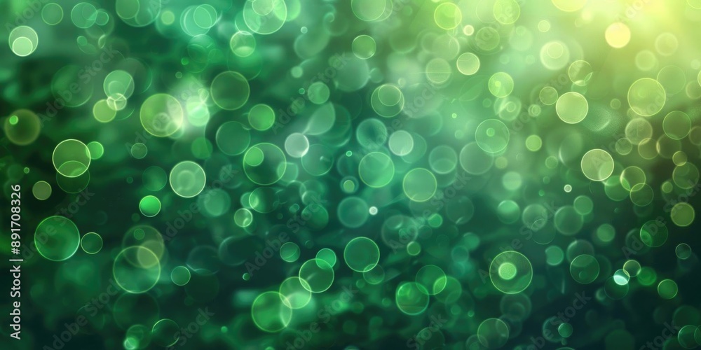 Poster green blurred bokeh background, creating a soft and dreamy visual effect with light spots and a sere