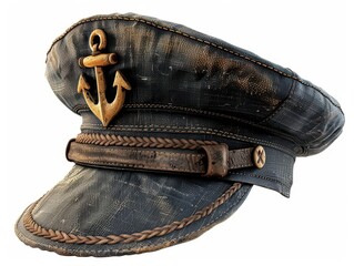 Vintage navy captain's hat with an anchor emblem, highlighting its wear and nautical charm. Perfect for maritime-themed collections. © Suphakorn