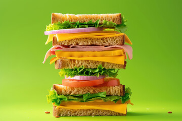 exploded view of a multi layered sandwich with fresh ingredients on a green background, food ad