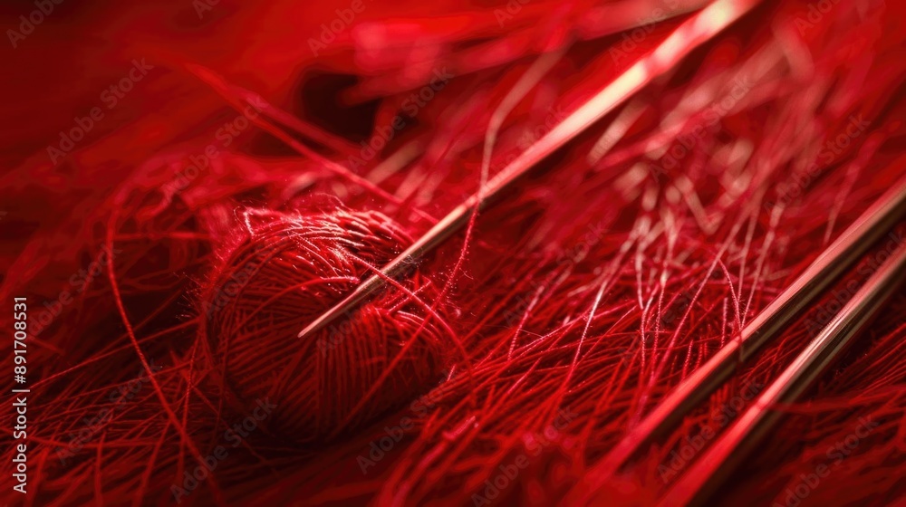 Poster red abstract background with intricate lines and patterns, evoking the appearance of knitting needle