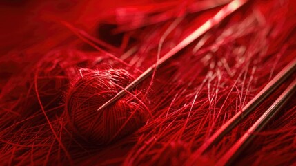 Fototapeta premium Red abstract background with intricate lines and patterns, evoking the appearance of knitting needles.