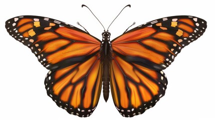 Flying orange monarch butterfly insect isolated on a transparent or white background as PNG, generative AI animal. Insects isolated on white. Photo realistic photo.