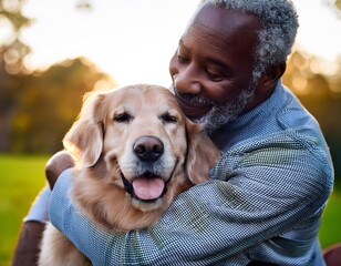 Middle-aged black man hugs and cuddles his golden retrivier dog in a park. 