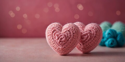 Obraz premium two crocheted amigurumi pink hearts on a colorful background.