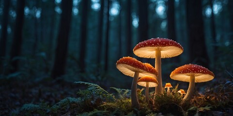 Fototapeta premium Image of glowing mushrooms in forest at twilight, created by artificial intelligence Stock image.