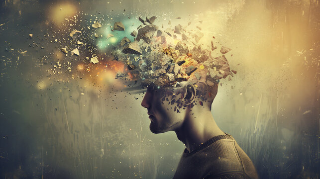 man with his head exploding in colorful fragments, symbolizing the wide range of thoughts and ideas that flow through your mind when you meditation