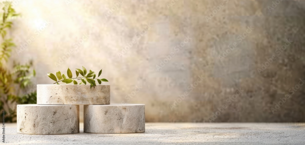 Poster natural stone podiums with greenery create a serene atmosphere, perfect for showcasing products or d
